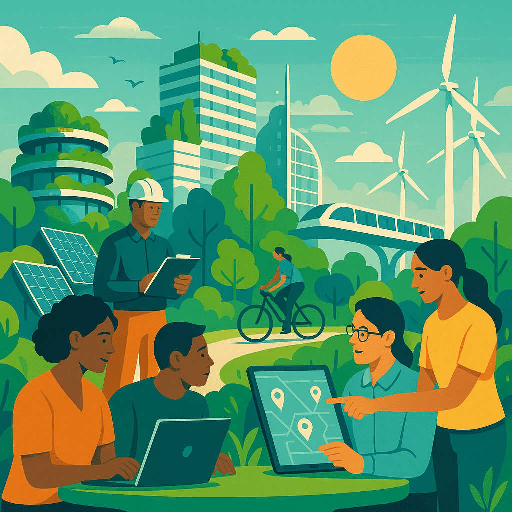 Menschen arbeiten in einer nachhaltigen Stadt mit Solarpaneelen, Windrädern und grünen Gebäuden.